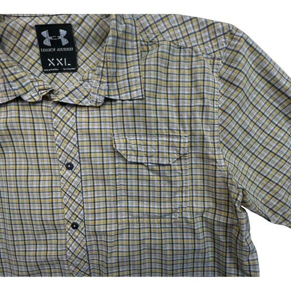 Under Armour Plaid Short Sleeve Button Up Shirt XXL Yellow Green Men's Casual - Picture 10 of 11